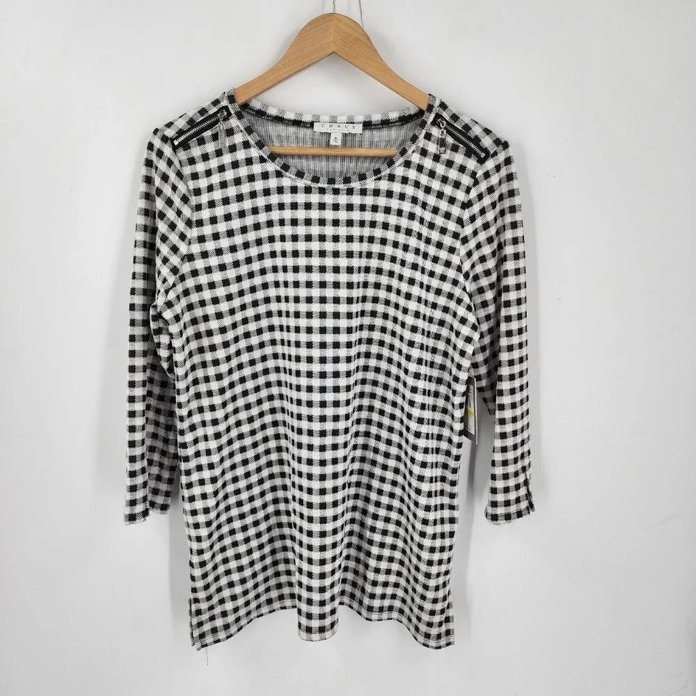CHAUS‎ Women's Check Zip Shoulder Knit 3/4 Sleeve Size M NWT
